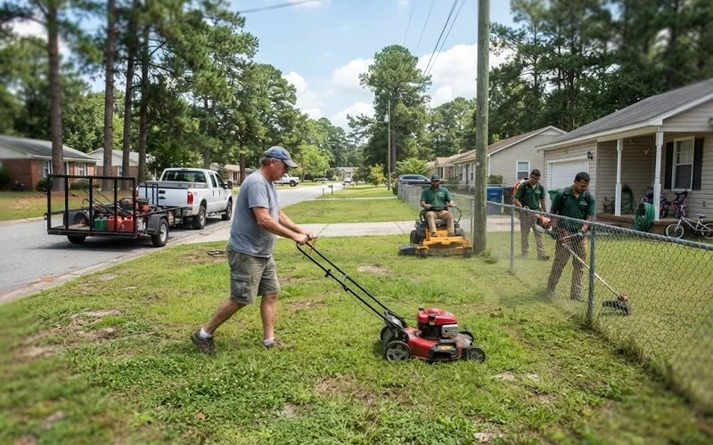 A homeowner pushing a mower across a small front yard next to a landscaping truck parked on the same street