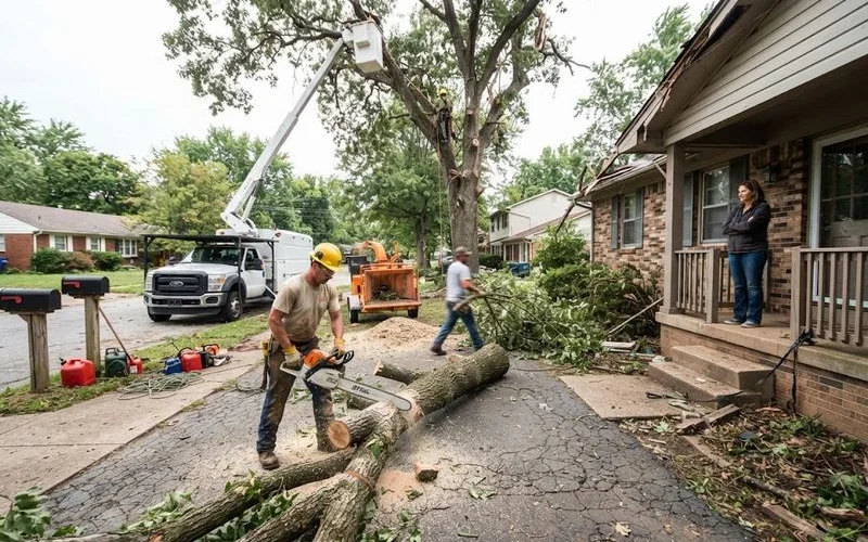 A crew using a bucket truck and chainsaws to remove a large storm-damaged tree limb resting near a house