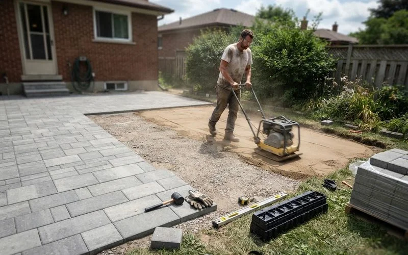 A partially completed paver patio installation showing compacted gravel base, edge restraints, and stacked paver units ready to be set