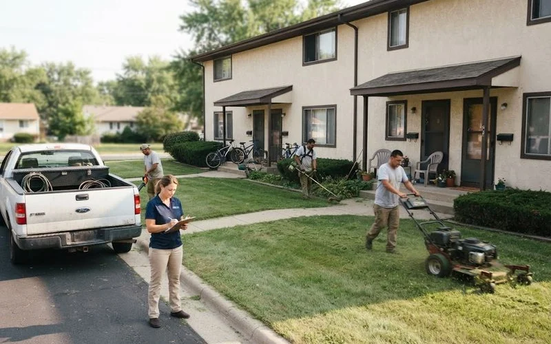 A rental duplex with a well-kept front lawn and a "for rent" sign near the sidewalk