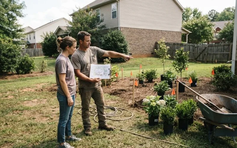A landscape designer reviewing a site plan sketch with a homeowner in a partially graded backyard