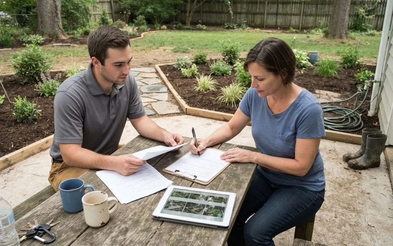 A homeowner and a landscaping contractor reviewing a written contract and payment schedule on a clipboard outdoors