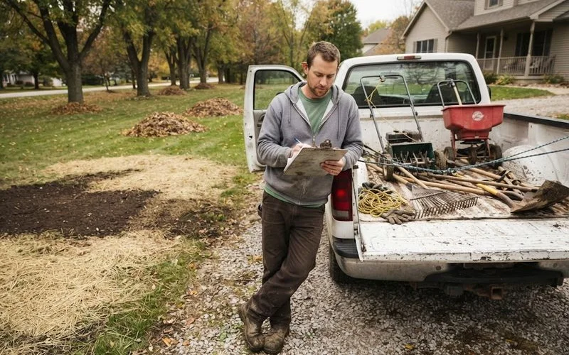 A calendar-style checklist showing seasonal lawn care tasks laid over a green Spartanburg yard in early spring