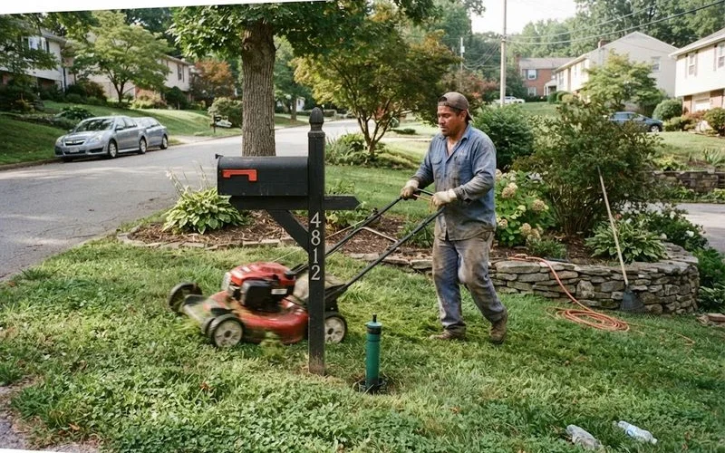A landscaping crew mowing a sloped residential lawn in Spartanburg SC with trees and garden beds visible along the edge