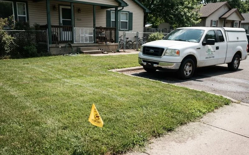 A small sign flagged in a lawn indicating a recent pesticide application with a fenced-off treated area
