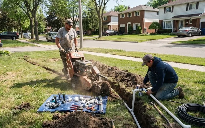 An irrigation technician laying PVC pipe in a trench across a residential lawn with sprinkler heads staged nearby